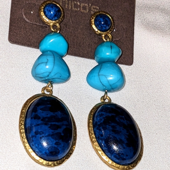NEW Chicos Gold Turquoise & Blue Lapis Dangle Pierced Earrings - Picture 10 of 10